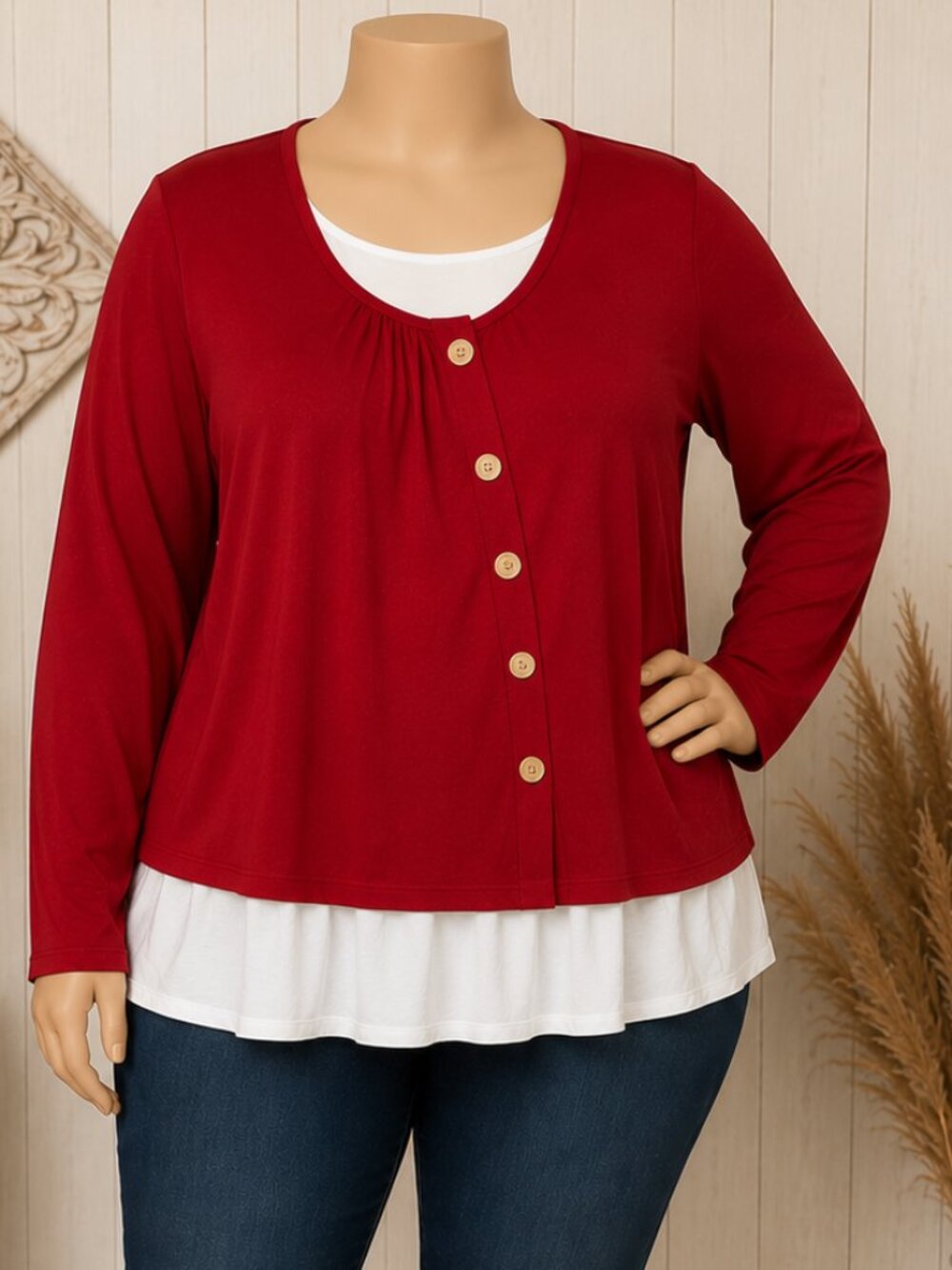 Women's Red Layered Long Sleeve Top – Size XXL – Decorative Off-Center Buttons